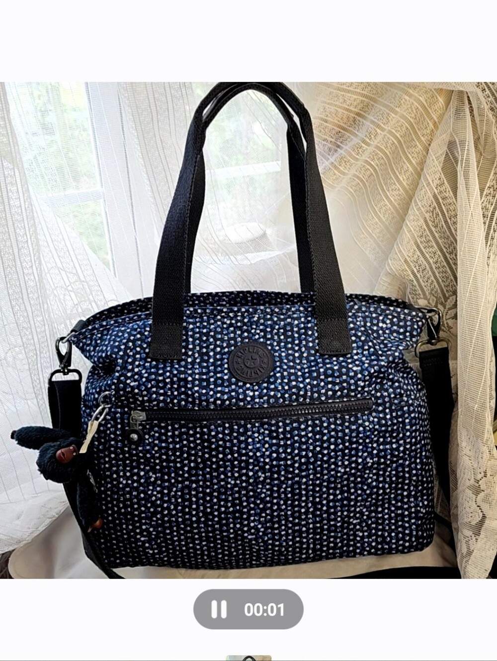 Kipling Navy Print Tote with Removable Black Strap Lizabeth Shopper With Monkey